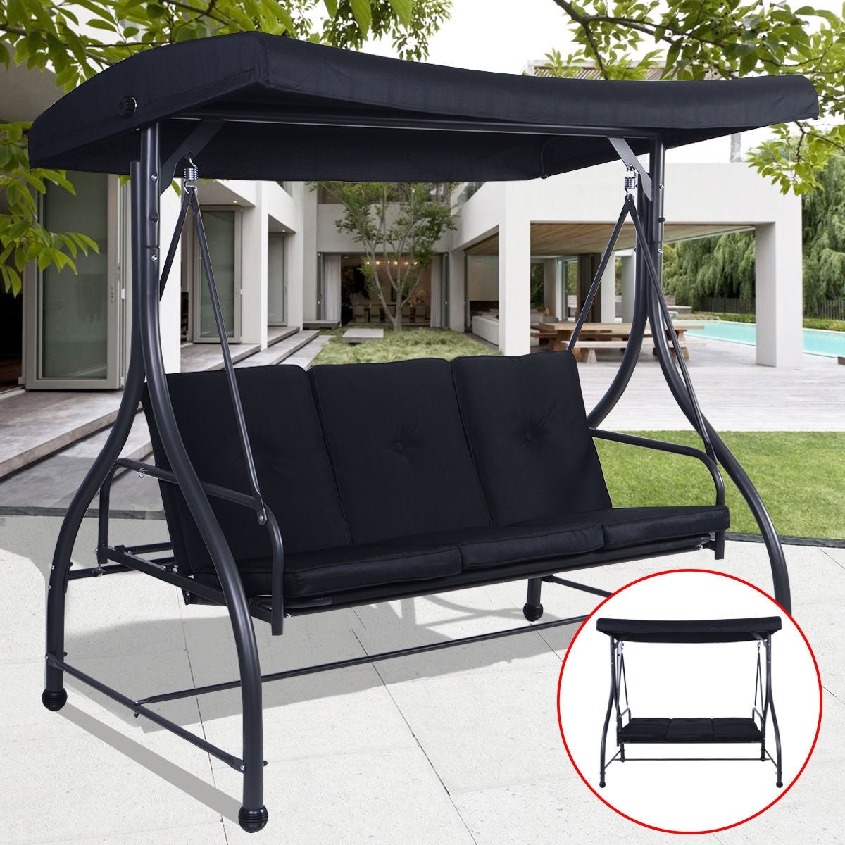 Black 3-Seat Cushioned Patio Swing with Adjustable Canopy