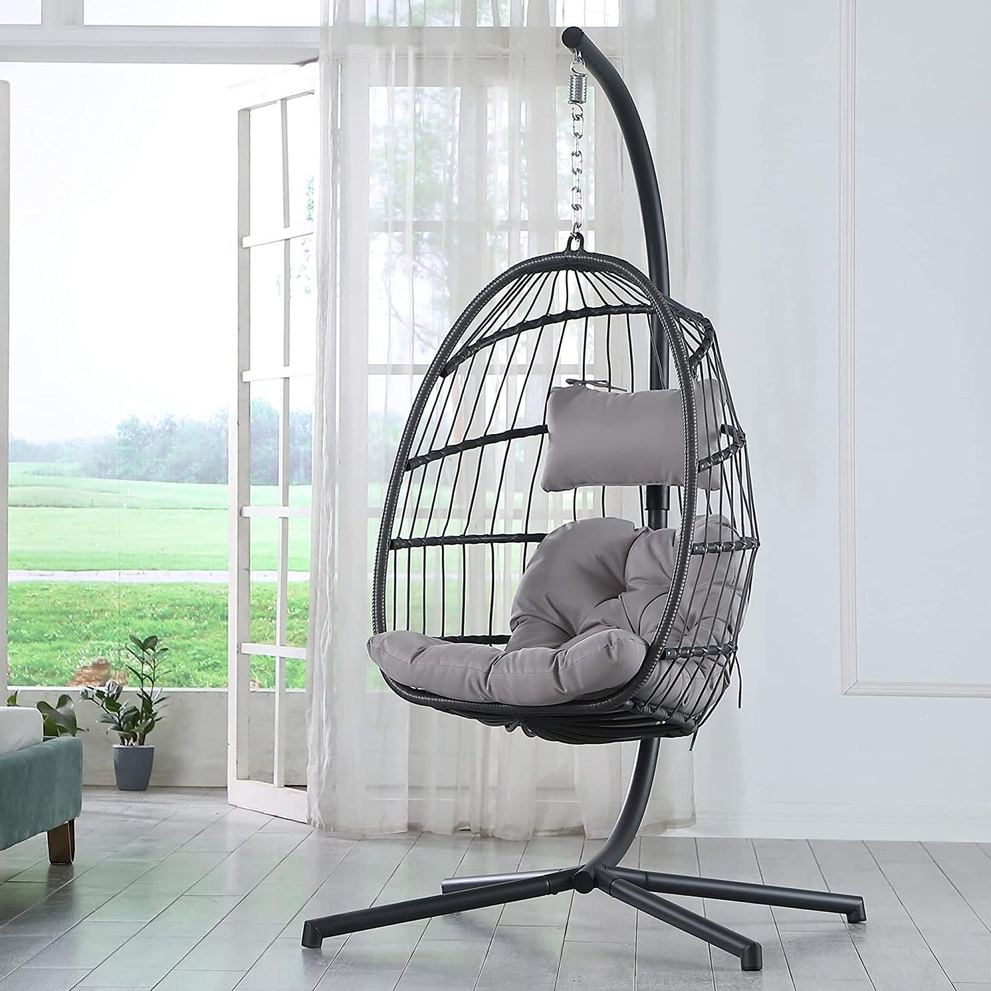Grey Wicker Rattan Egg Swing Chair with Aluminum Frame – Indoor/Outdoor